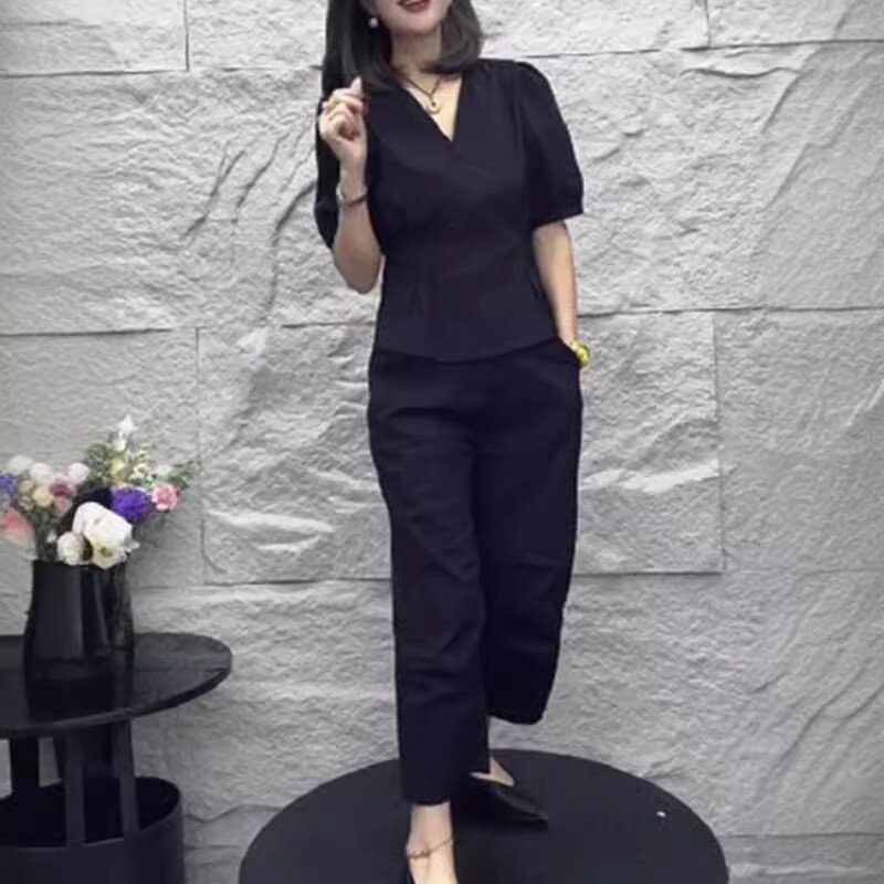 24213大爱美依缘2025夏季新款轻熟设计感褶皱衬衫休闲哈伦裤女装