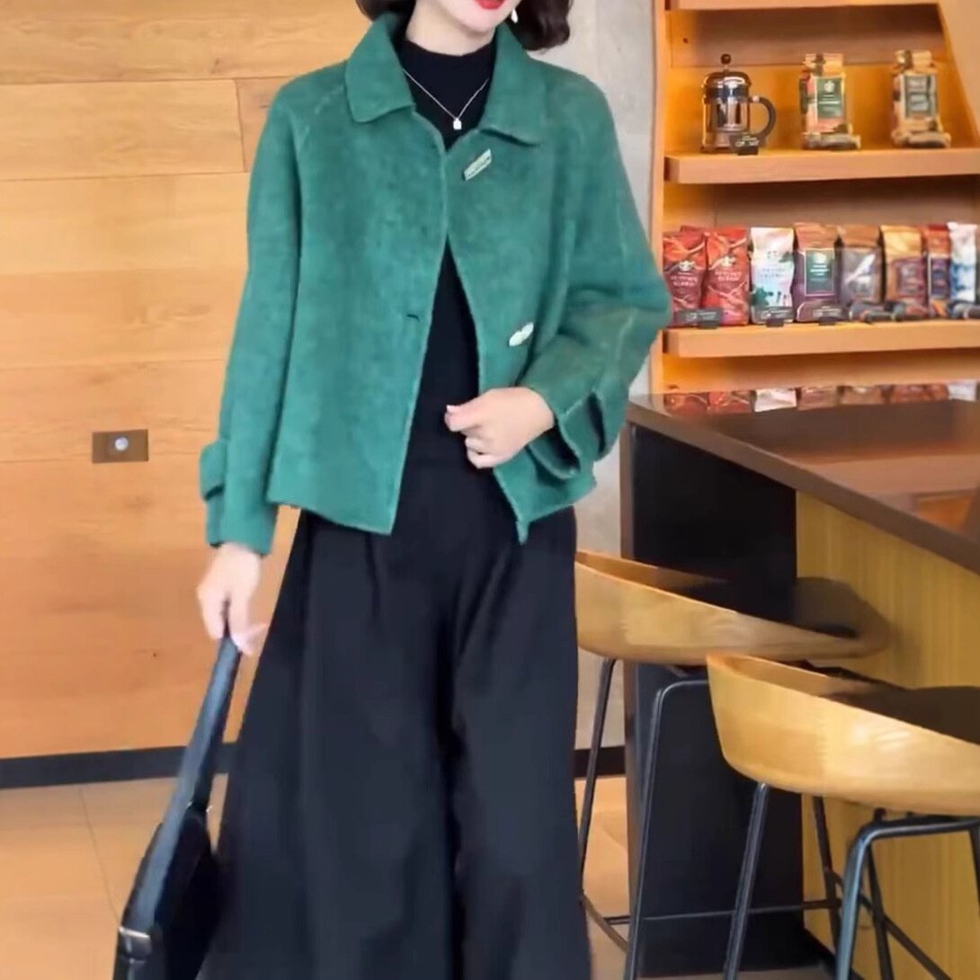 241097大爱美依缘2026新款高级感宽松翻领呢子外套休闲阔腿裤女