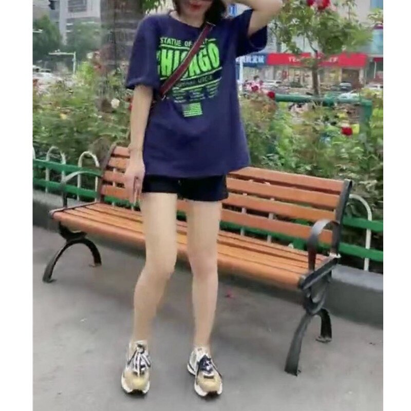 9689大爱美依缘2025夏季新款时尚蓝色T恤印花字母宽松显瘦时尚女