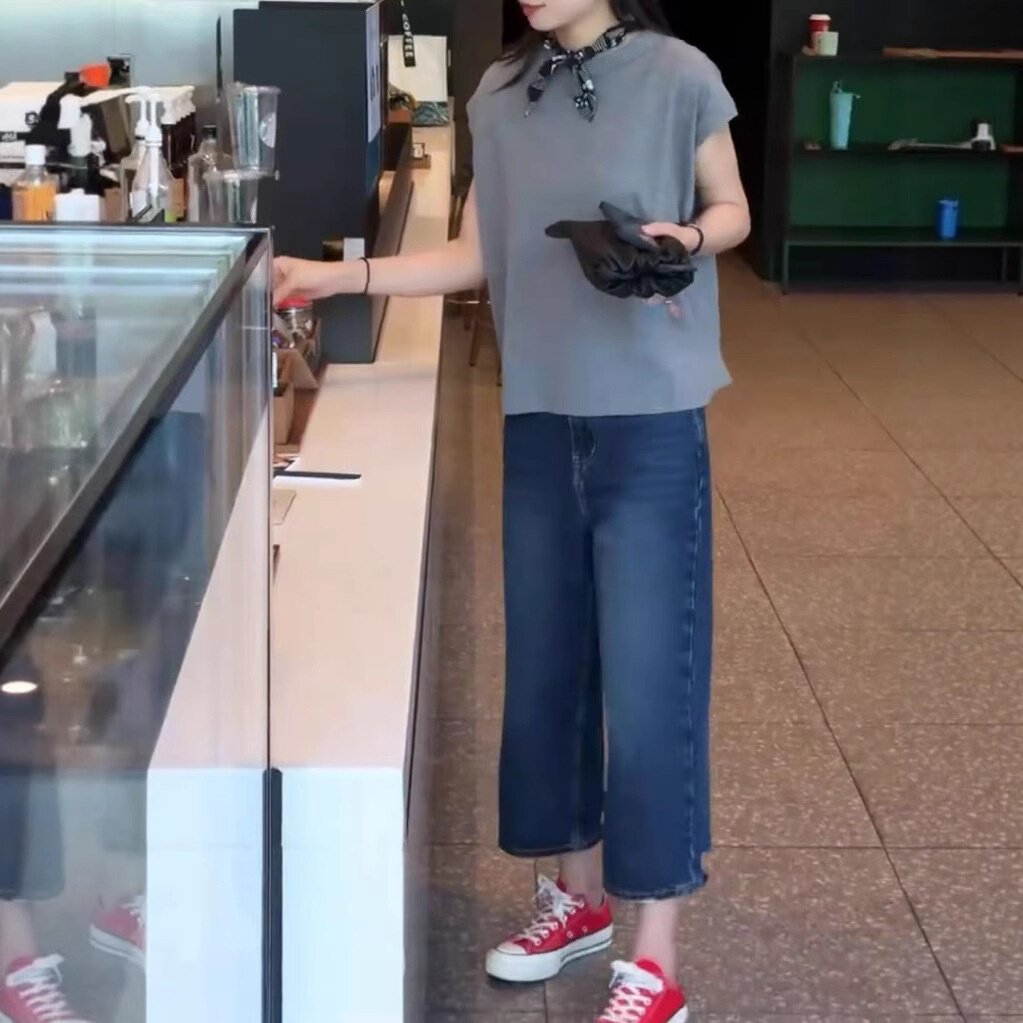 25586大爱美依缘2025夏季新款韩版宽松灰色短袖T恤直筒牛仔裤时尚