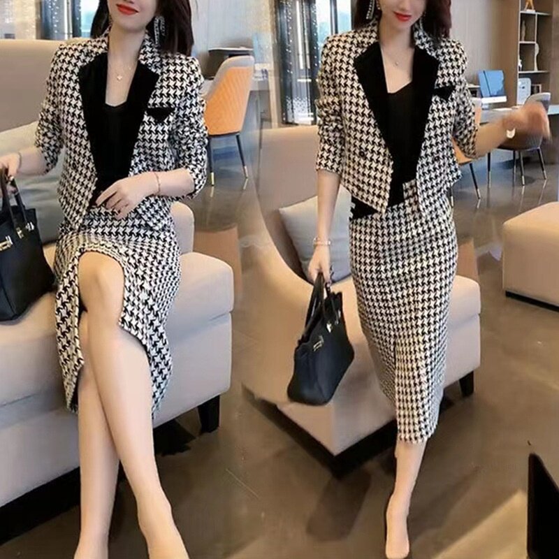9919大爱美依缘2025秋季新款时尚西服两件套格子外套包臀裙子女装