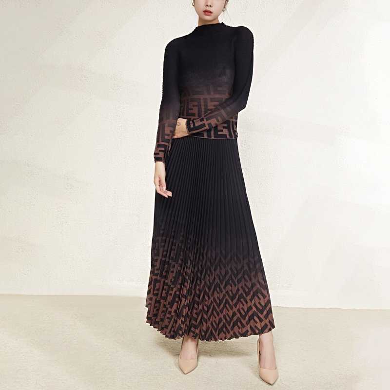 三宅冬季套装女装新款上衣百褶裙两件套跨境欧美加厚时尚套装女