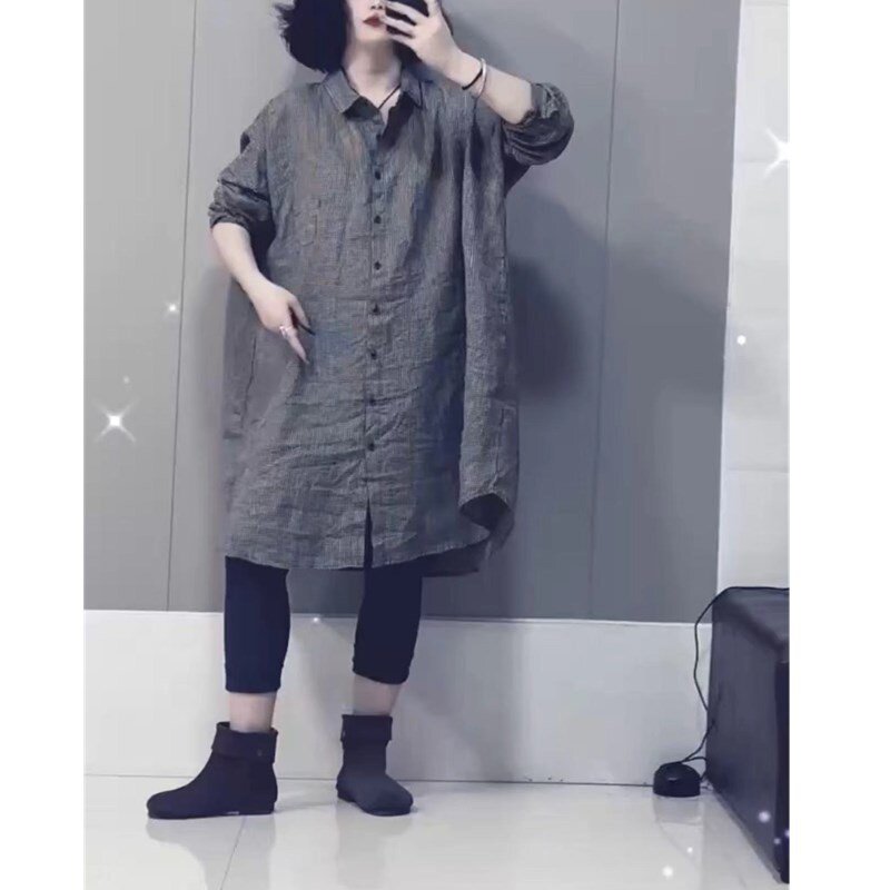 2439大爱美依缘2025春夏新款翻领宽松中长款格子衬衫显瘦休闲时尚