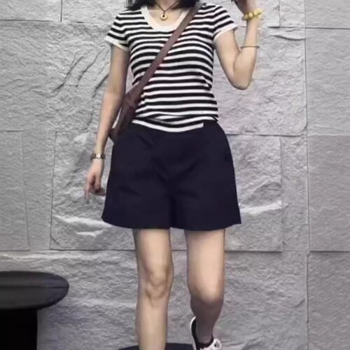 24226大爱美依缘2025夏季新款时尚条纹短袖T恤休闲高腰阔腿短裤女