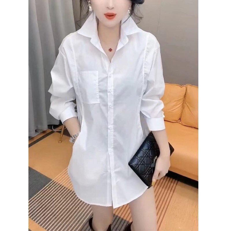 2425大爱美依缘2025春季新款白色翻领休闲显瘦衬衣长袖显瘦衬衫女