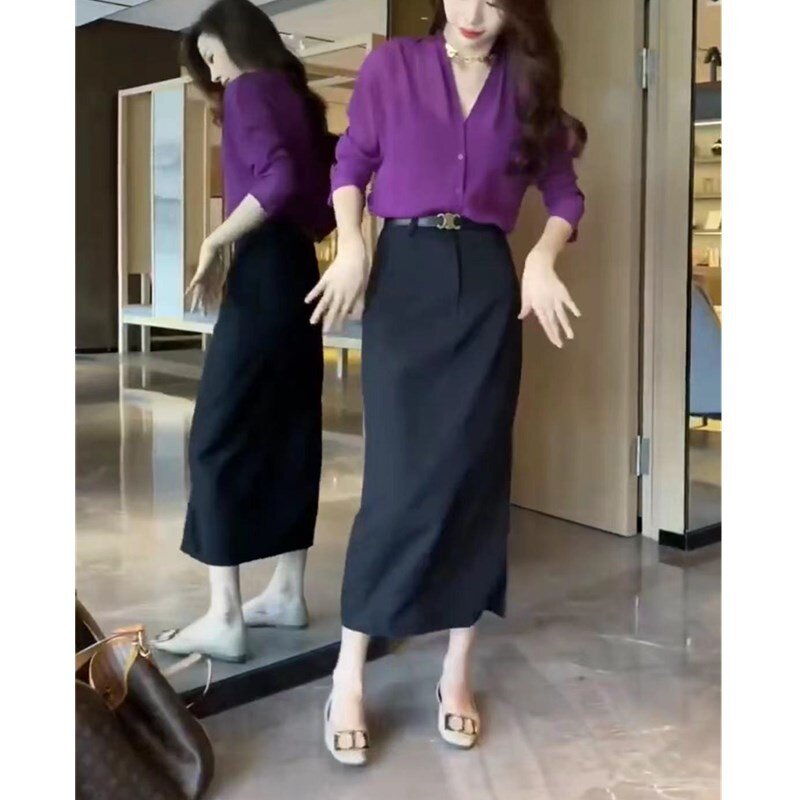 23658大爱美依缘2026秋季新款时尚V领长袖衬衫高腰半身裙显瘦女装