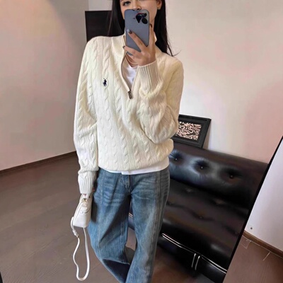 高品质可扫RL拉夫毛衣小马标刺绣麻花百搭网红拉链立领针织女上衣