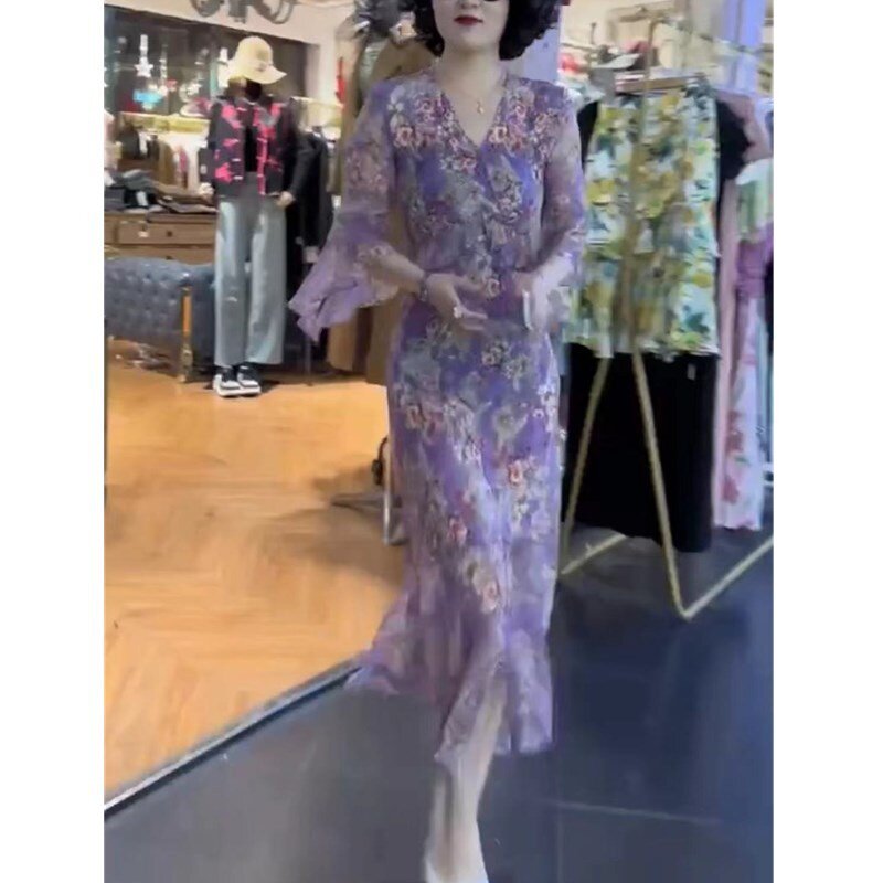 23187大爱美依缘2025夏季新款韩版碎花连衣裙V领修身显瘦中长款女