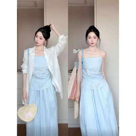 半身裙衬衫气质设计感女花苞上衣慵懒套装抹胸薄款风一整套褶皱女