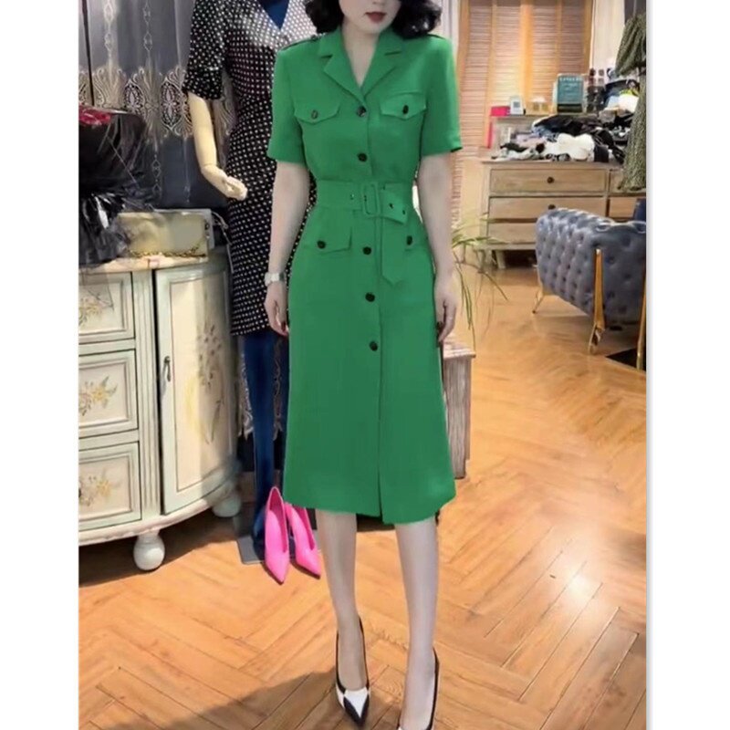 22706大爱美依缘2026新款韩版OL西装领修身显瘦女连衣裙中长款潮