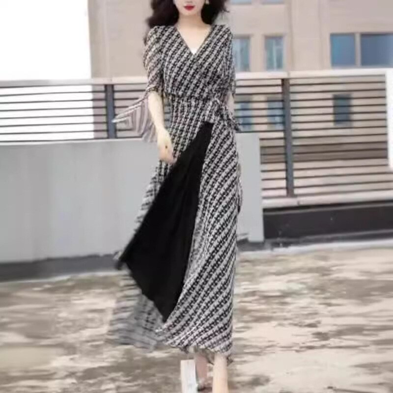 24169大爱美依缘2026夏季新款法式轻奢连衣裙V领腰系带雪纺纱裙女