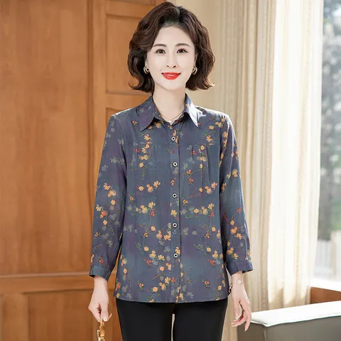 棉绸中老年斤衬衣印花胖妈妈春秋装宽松加肥加大码220衬衫女奶奶