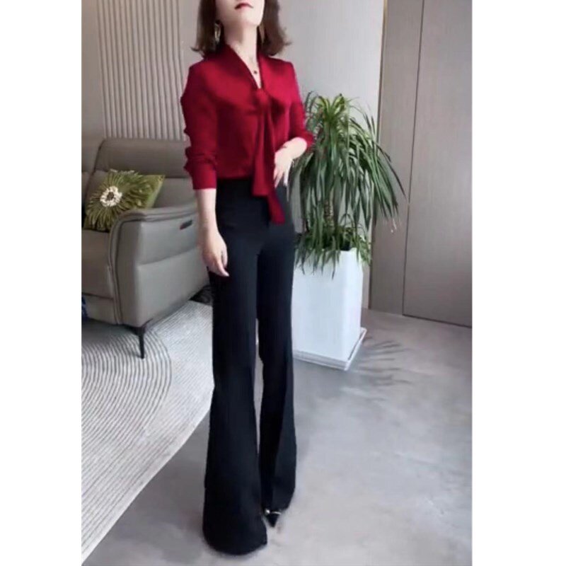 23265大爱美依缘2025新款韩版纯色系带长袖上衣高腰微喇长裤女装
