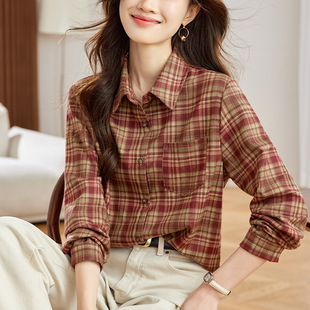 棉茧 磨毛红格子衬衫女长袖2026春装新款上衣百搭文艺复古衬衣
