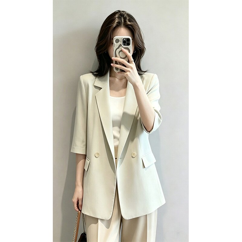 时尚大码薄款七分袖西装外套女胖mm高级感宽松休闲减龄西服2355