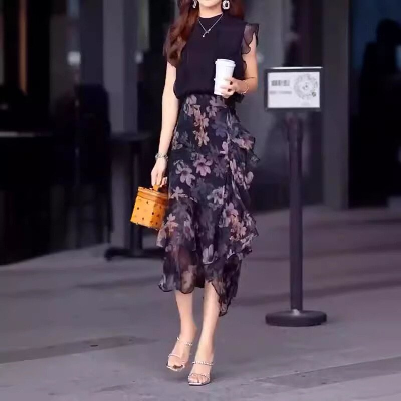 24359大爱美依缘2026夏季新款时尚无袖上衣雪纺碎花半身裙洋气女