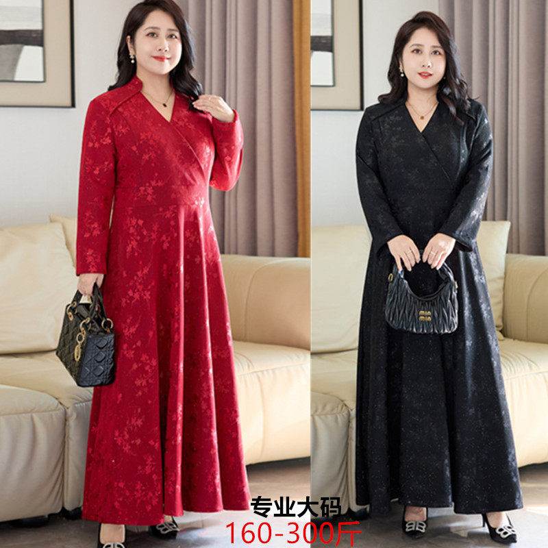 2026春装新款大码女装长袖连衣裙V领修身大摆轻奢显瘦裙长裙 8659