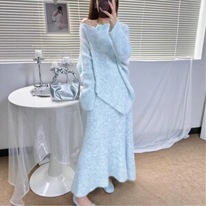 PH52830大爱美依缘2025秋季新款立体花朵套头针织衫+半身裙套装女