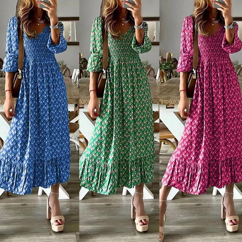 欧美2025亚马逊夏季新款时尚女装V领长裙收腰碎花印花大摆连衣裙,女装/女士精品,连衣裙,淘宝优惠券,粉丝福利购,淘宝优惠卷