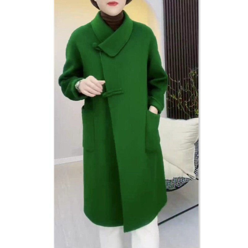 88322大爱美依缘2025春季新款时尚绿色呢子大衣女中长款宽松显瘦