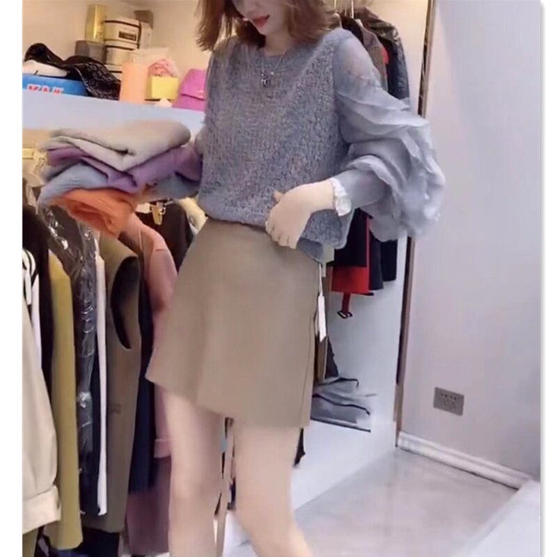9863大爱美依缘2025秋季新款圆领荷叶边拼针织长袖衫包臀半身裙女