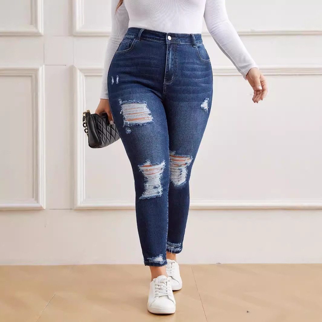亚马逊速卖通跨境2024新款弹力舒适时尚破洞牛仔裤女士加肥&加大,女装/女士精品,大码裤装,淘宝优惠券,粉丝福利购,淘宝优惠卷