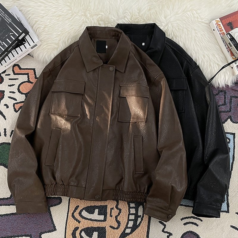 春秋季日系复古潮牌痞帅PU机车皮衣男女学生宽松美拉德中性棕皮夹,女装/女士精品,皮衣,淘宝优惠券,粉丝福利购,淘宝优惠卷