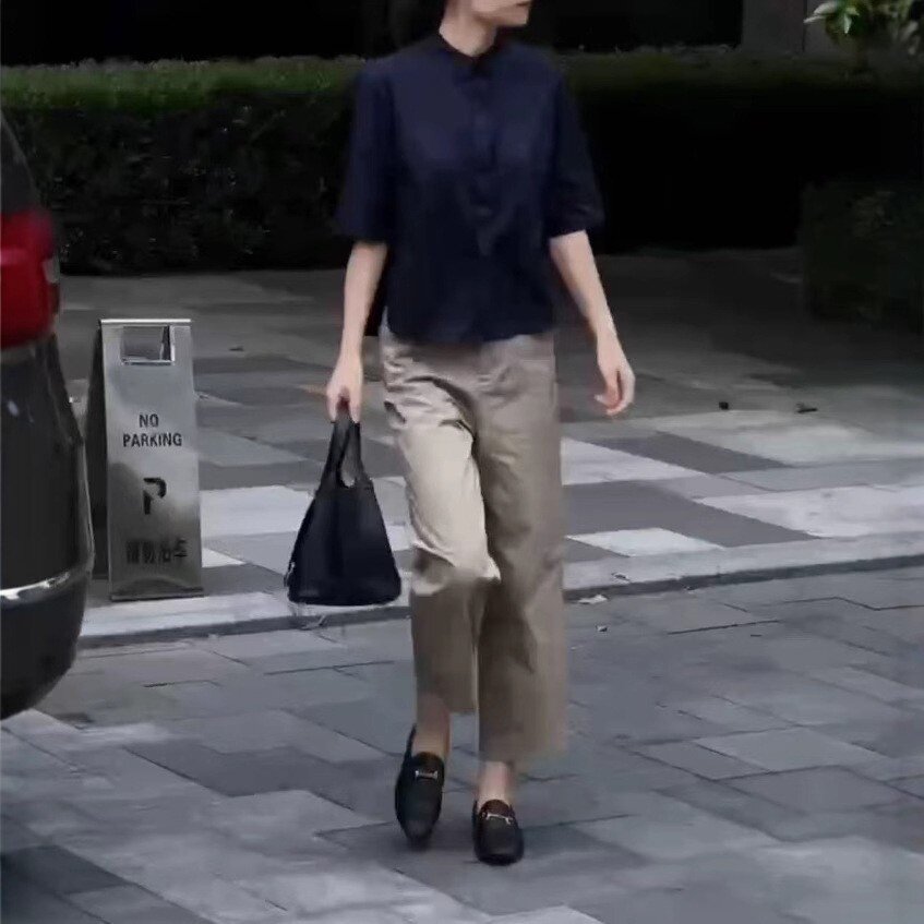 25378大爱美依缘2025夏季新款简约五分袖宽松衬衫高腰直筒裤子女