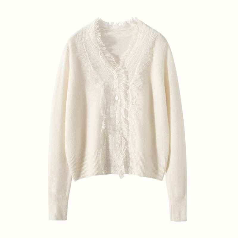 2024秋冬新款V领蕾丝边长袖针织开衫女外搭宽松别致毛衣外套上衣,女装/女士精品,羊绒衫,淘宝优惠券,粉丝福利购,淘宝优惠卷