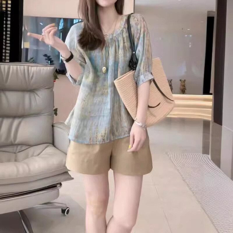 24303大爱美依缘2026夏季新款时尚宽松雪纺衬衫阔腿短裤减龄洋气