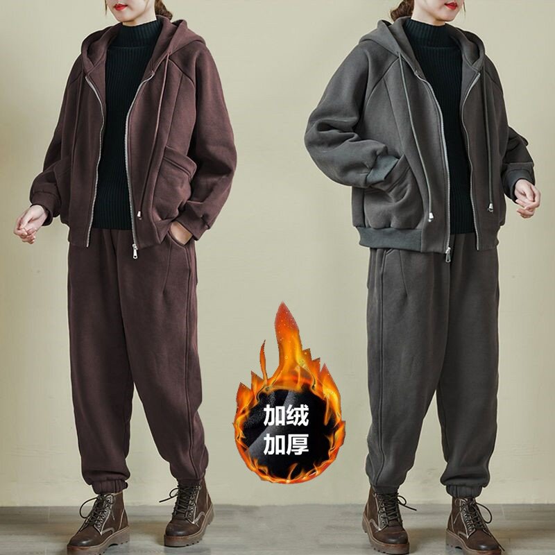 415#加绒加厚运动套装女秋冬季大码宽松时尚连帽卫衣休闲服两件套