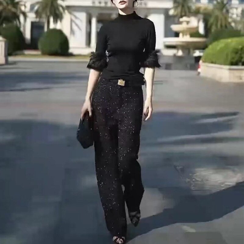 22870大爱美依缘2025秋季新款韩版时尚细闪阔腿裤高腰直筒长裤女