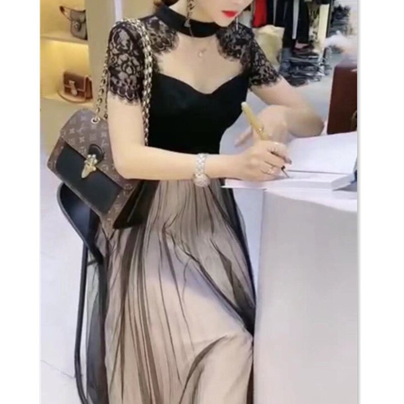 22712大爱美依缘2025新款蕾丝拼接连衣裙韩版时尚中长款显瘦女裙