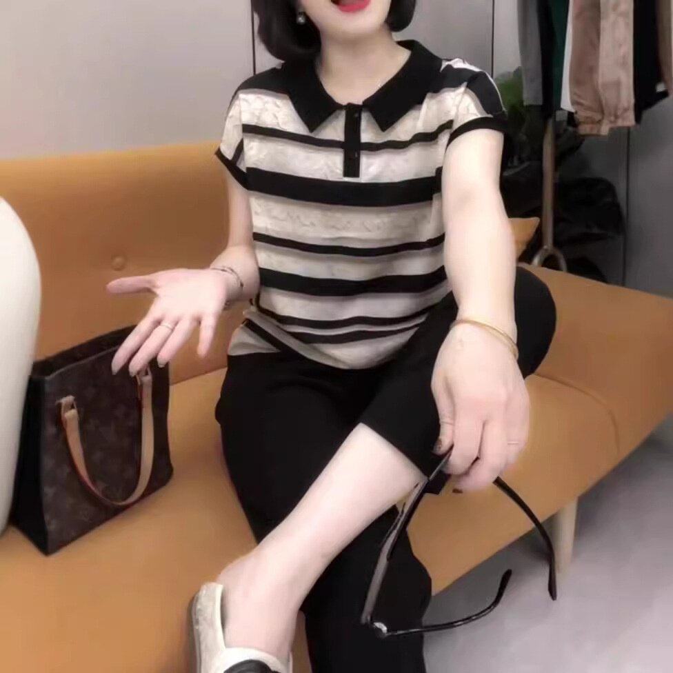 24551大爱美依缘2026夏季新款翻领减龄条纹打底衫时尚九分裤女装