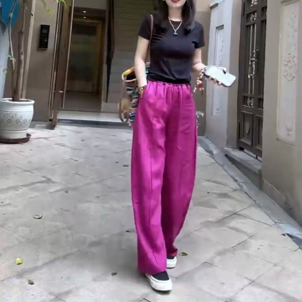 25357大爱美依缘2025夏季新款纯色圆领修身短袖T恤松紧腰长裤显瘦