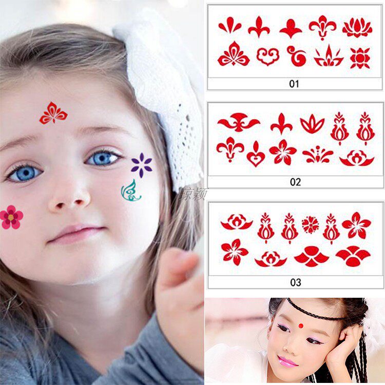 眉心贴儿童防水汉服演出古风额头贴纹身持久花印美人花钿古装贴纸