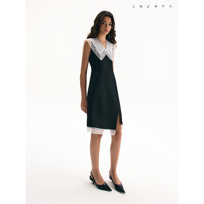 薄纱花边方领无袖分割连衣裙