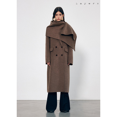 Layers可可棕羊毛双面呢大衣