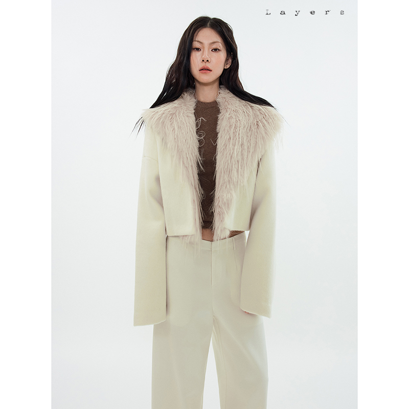 拼接皮草毛绒不对称翻领外套