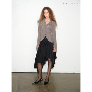 Layers 柔感雾灰铜氨丝 不对称抽褶弧形设计 长袖收腰衬衫上衣