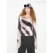 不对称镂空设计长袖 Layers 弹力纹路印花 打底上衣