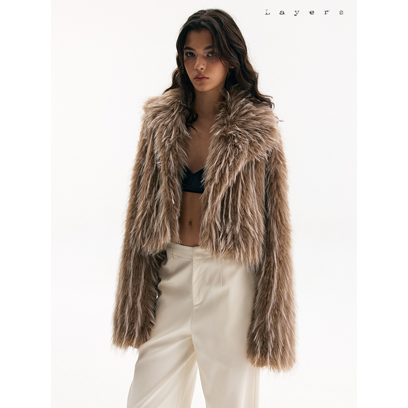 摩卡棕皮草毛绒不对称翻领外套