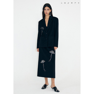 Layers 羽扇亮片刺绣 简约羊毛呢直筒半身裙