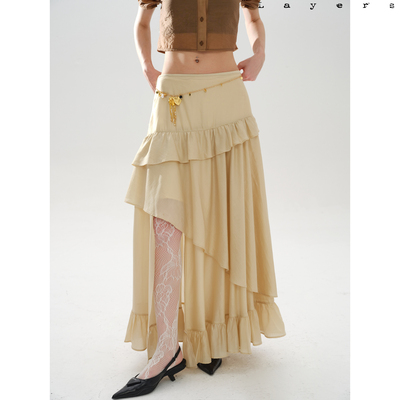 杏仁淡黄开衩花边大摆长半裙