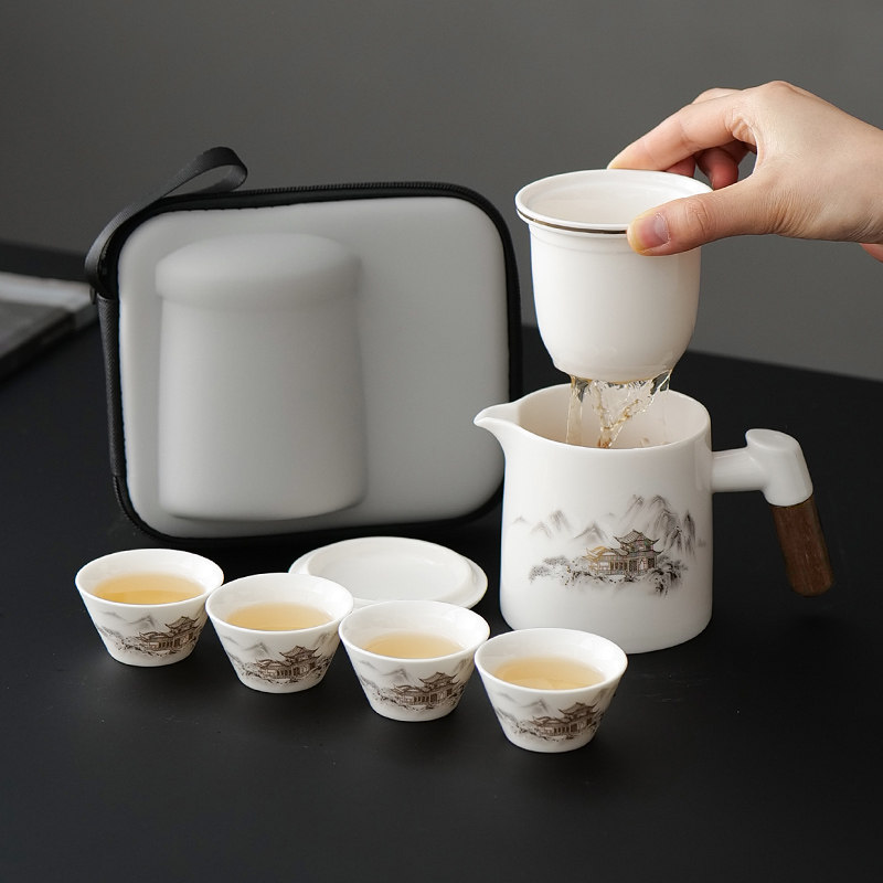 国潮陶瓷旅行茶具小套功夫户外泡茶壶羊脂玉茶壶出差茶杯带便携包,餐饮具,旅行茶具,淘宝优惠券,粉丝福利购,淘宝优惠卷