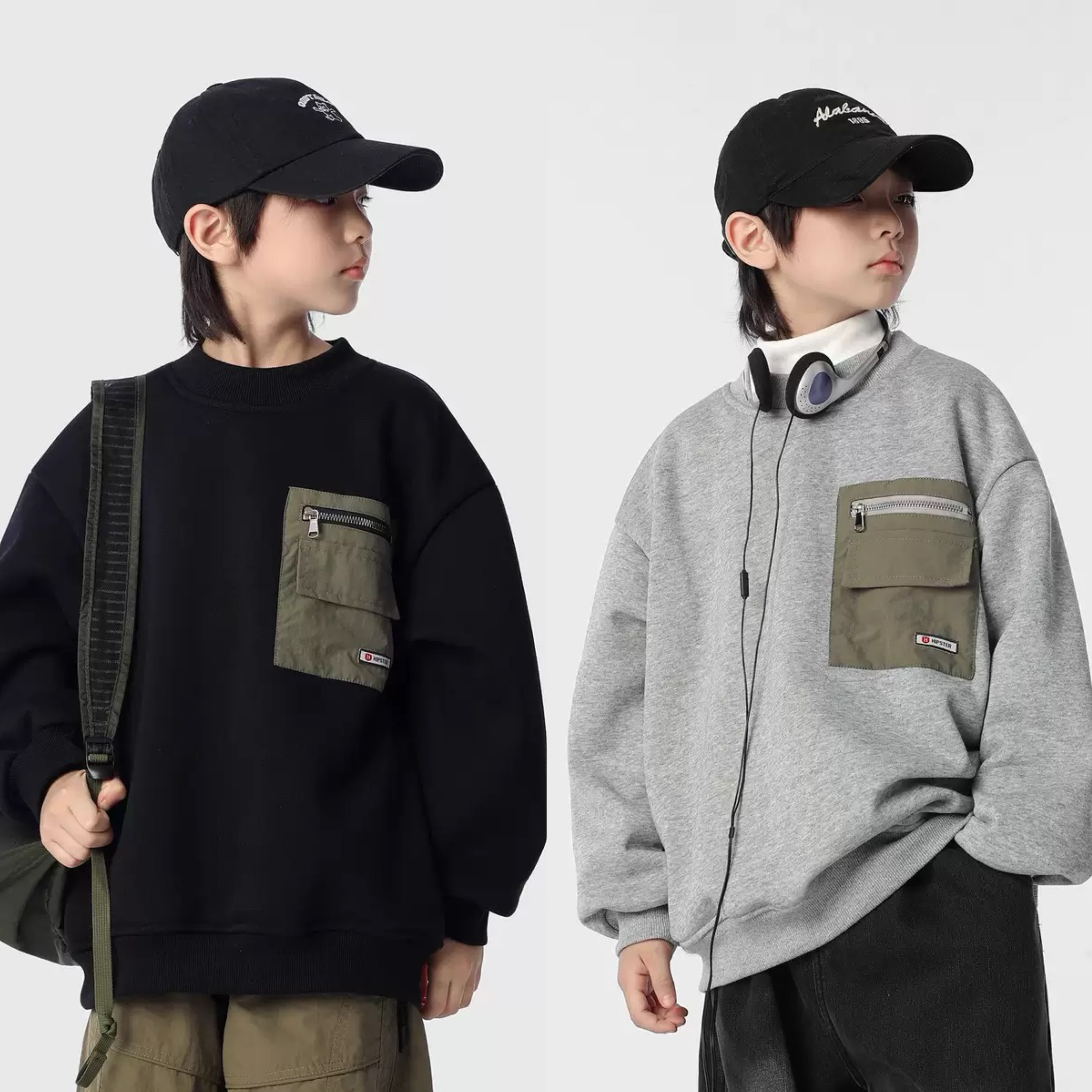 儿童大口袋撞色拼接加绒卫衣