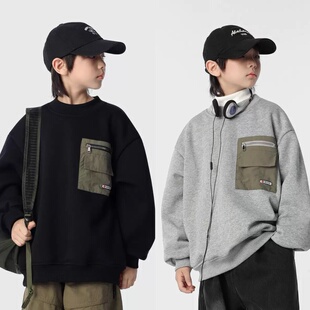 日系男童冬装加绒卫衣儿童口袋撞色拼接帅气百搭一体绒保暖上衣潮