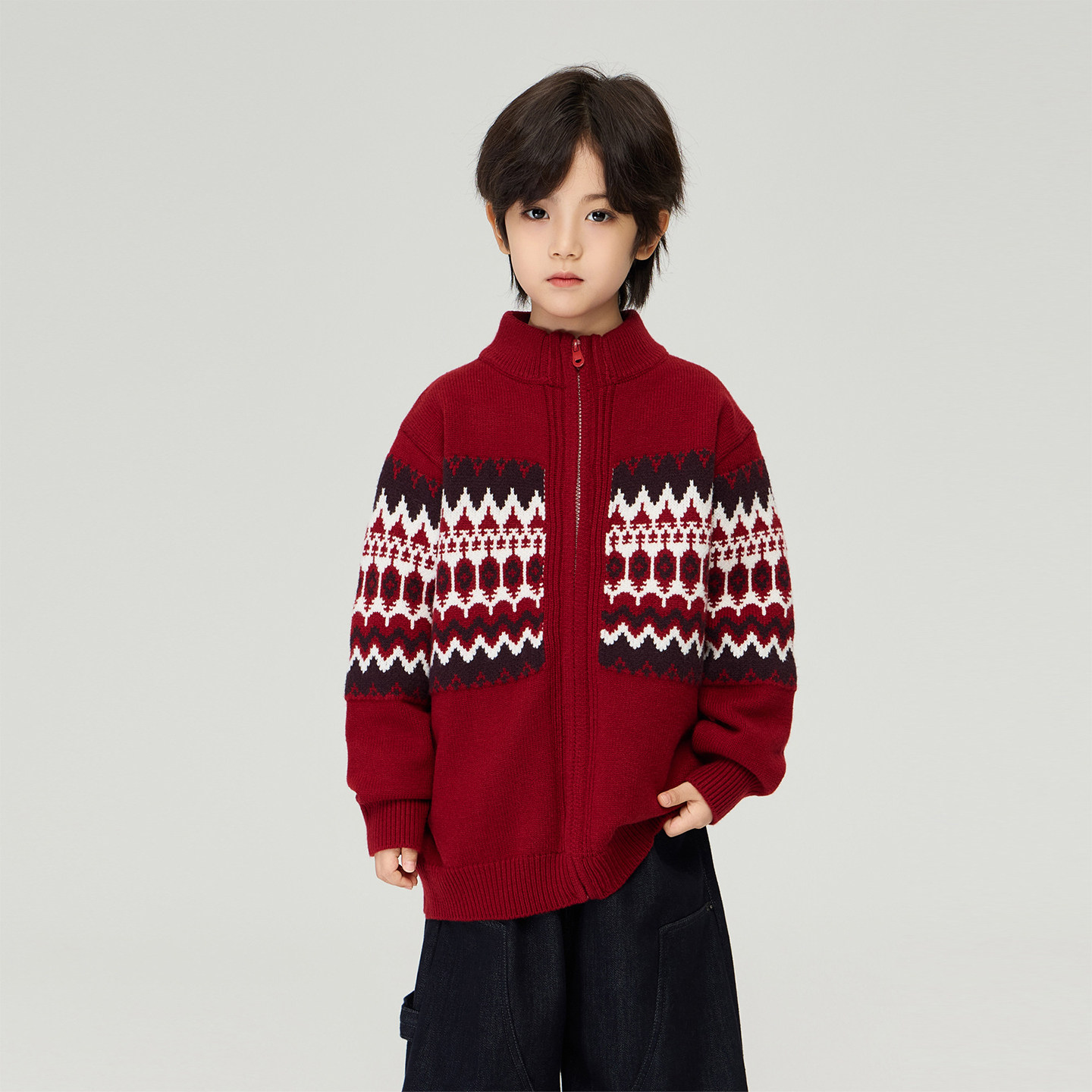 儿童新年红色费尔岛提花毛衣男童圣诞节立领加厚针织拉链保暖外套