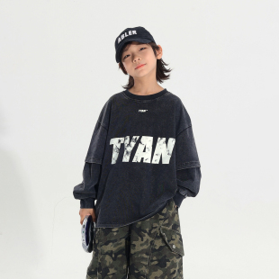 男童碳灰色做旧假两件卫衣25秋季新款儿童字母印花宽松长袖上衣潮