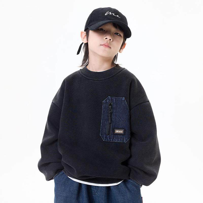 日系男童炭黑色做旧风一体绒牛仔口袋卫衣儿童冬季加绒保暖上衣潮,童装/婴儿装/亲子装,卫衣/绒衫,淘宝优惠券,粉丝福利购,淘宝优惠卷